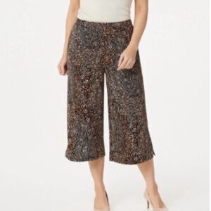 Susan Graver Liquid Knit Crop Wide Leg Pants Womens XL Black Brown Floral